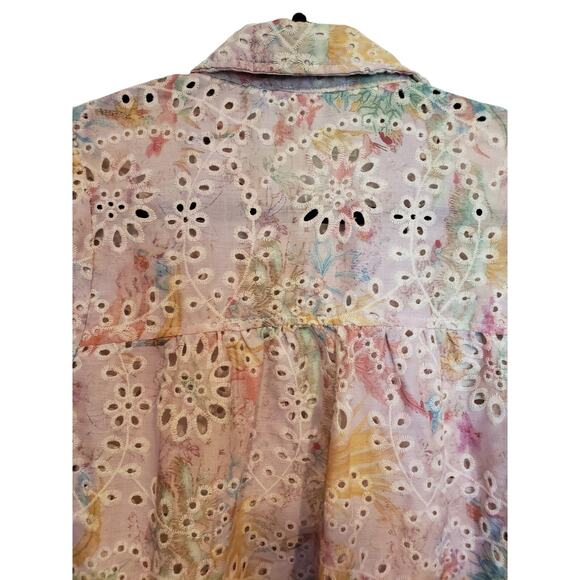 Umgee Pink Floral Eyelet Button Up Blouse Short Sleeve Puff Sleeve Small - Picture 7 of 7